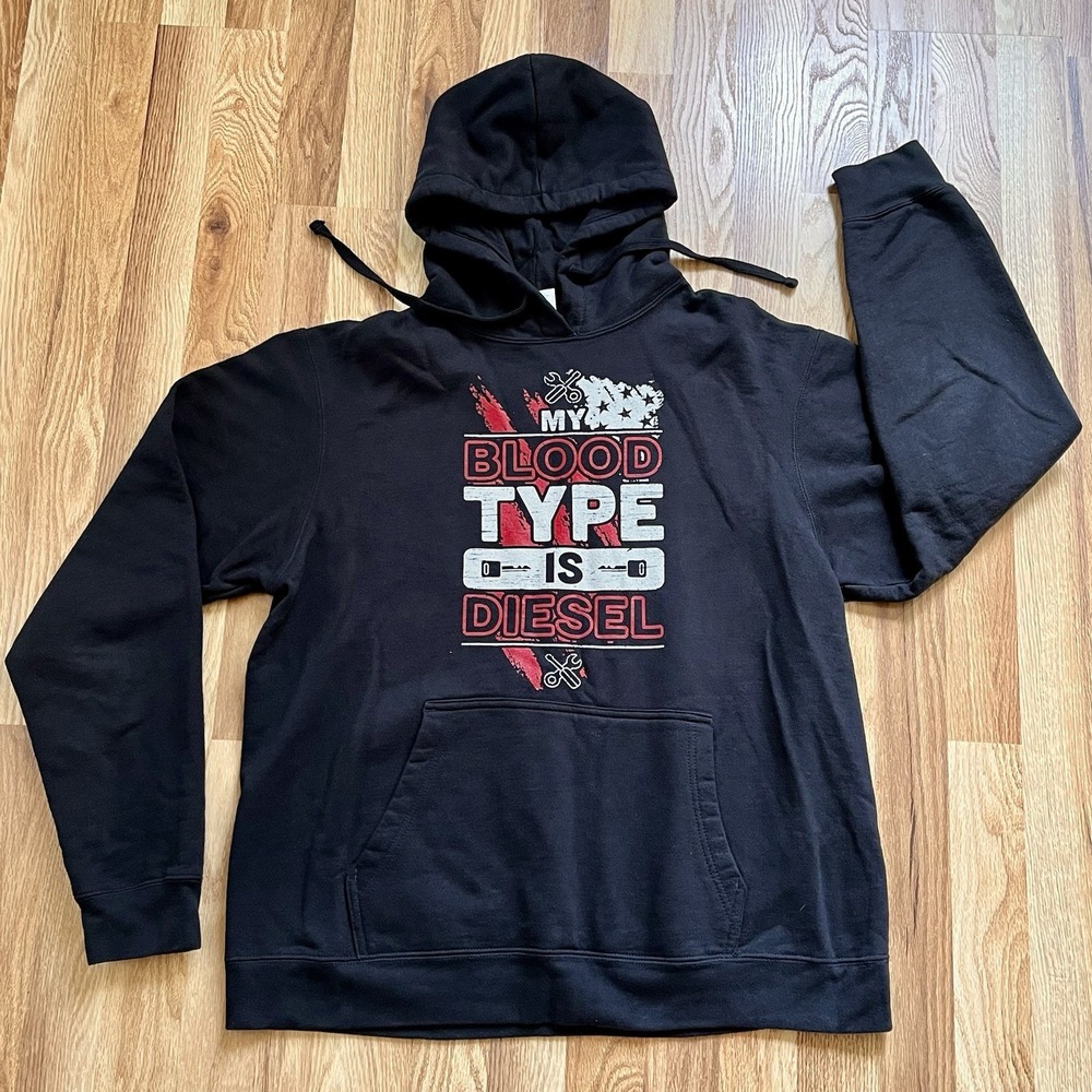 Mens Large Black Hoodie "My Blood Type Is Diesel" Mechanics Sweatshirt Port & Co
